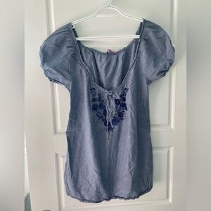 Smart Set Chambray Blue Peasant Blouse Embroidered Front